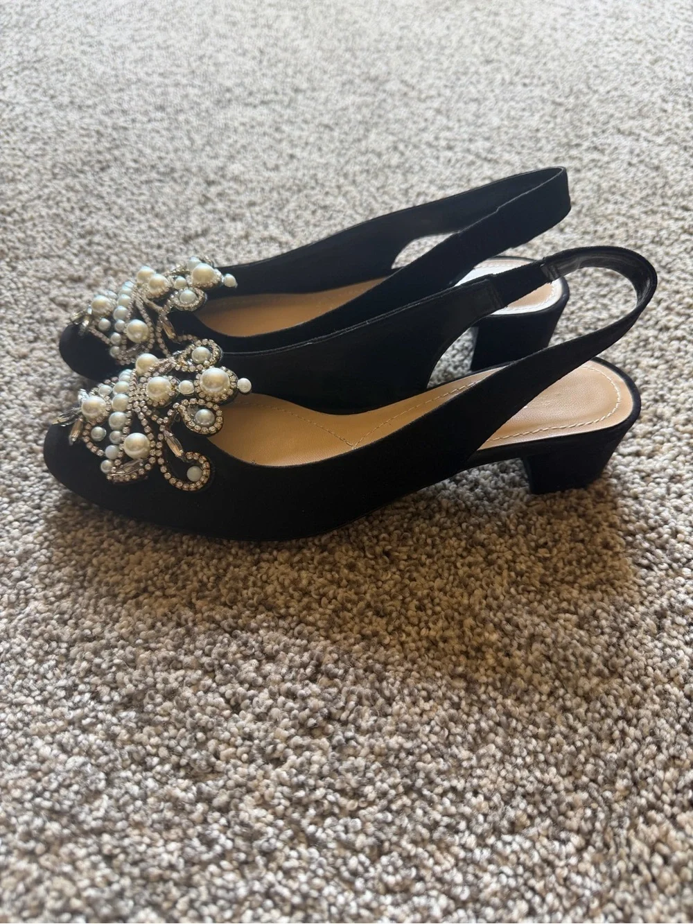 J.Renee Black Pearl & Crystal Embellished Kitten Heel Dressy Slingbacks Sz 8 - Picture 2 of 9